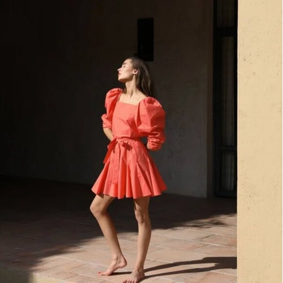 NWT $128 Mille Anais Puff Sleeve Coral Mini Dress Size w/ Tie - Picture 7 of 7